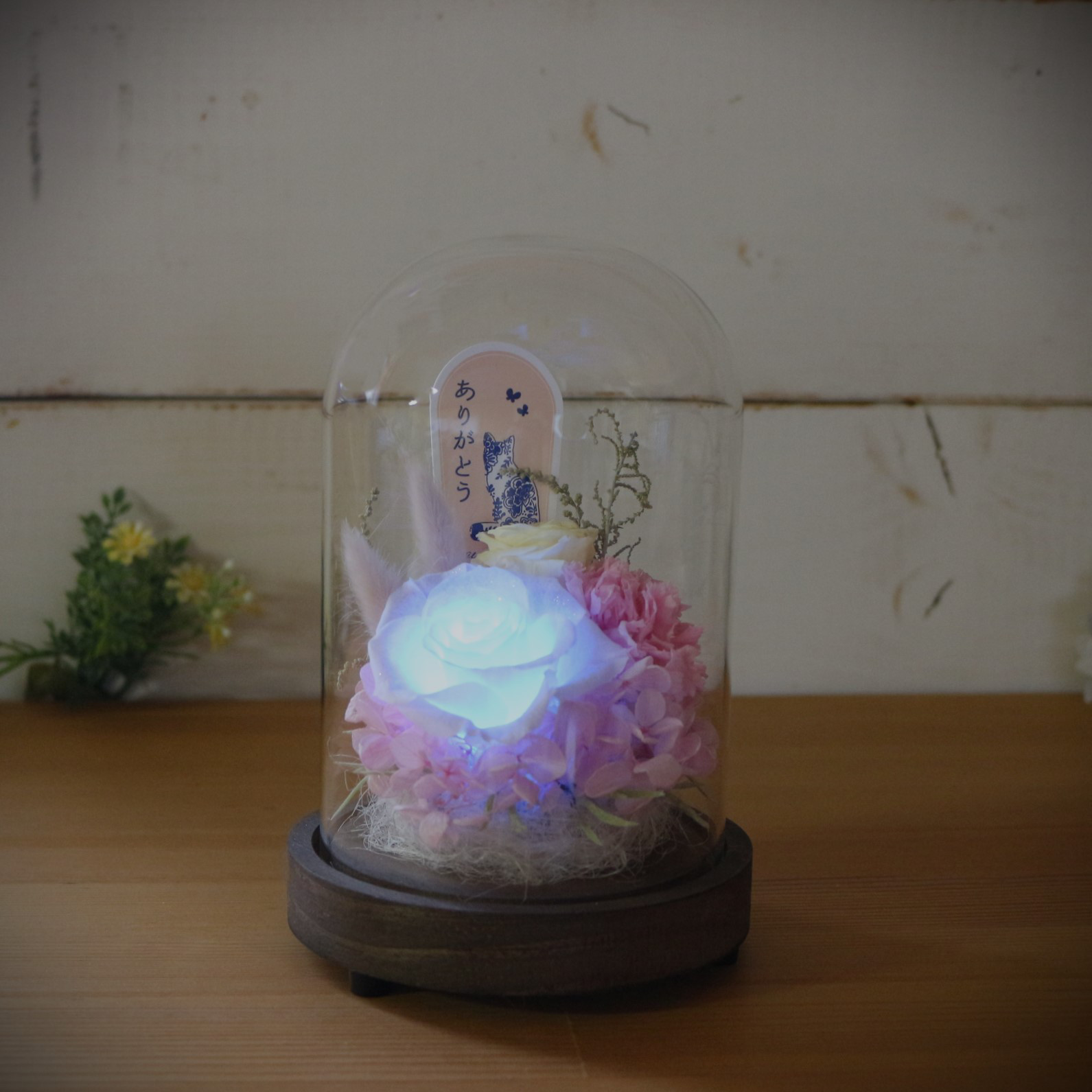 虹の橋へ届く光 ペット仏花 プリザーブドフラワー LED 七色に光る白バラ 猫 犬 供養 メモリアルギフト ピンク