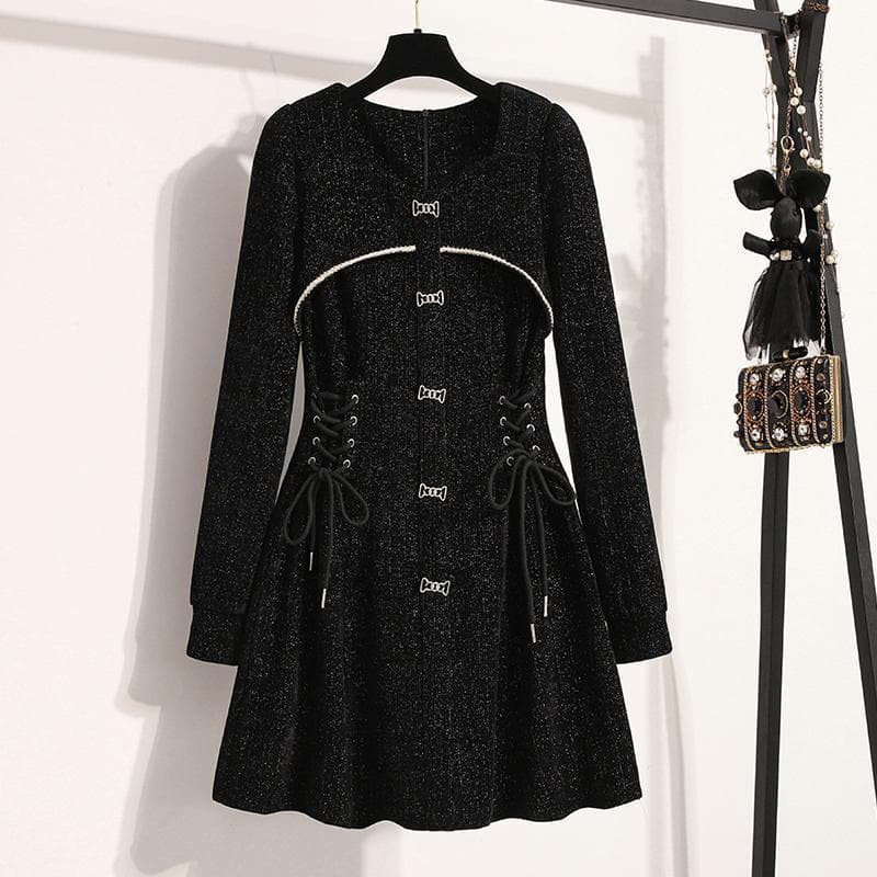 新品 大きいサイズ ワンピース ニットミニ丈 編み上げ4XL秋冬長袖フェミニン❈