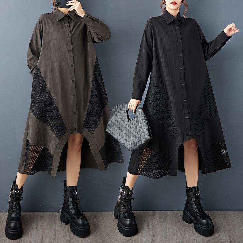 新品 大きいサイズ4Lワンピース秋冬ロングシャツワンピース長袖 メッシュ 黒ｙ