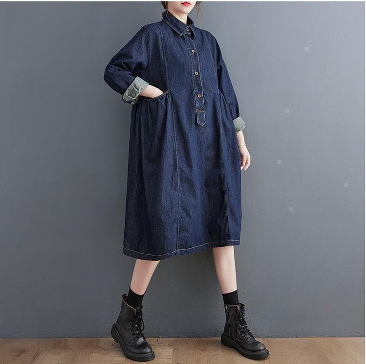 【新品】大きいサイズ デニムシャツワンピース ゆったり秋冬長袖レディース8