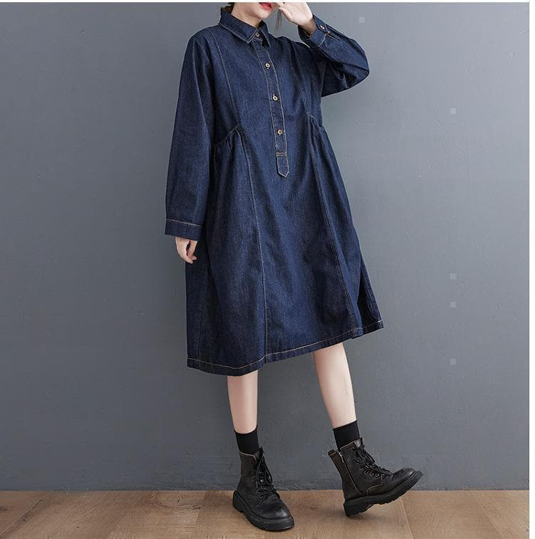 【新品】大きいサイズ デニムシャツワンピース ゆったり秋冬長袖レディース8