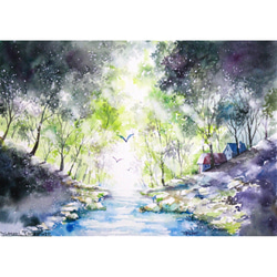 原画】北海道・赤い屋根のある丘の風景（水彩画）送料無料☆美瑛 風景