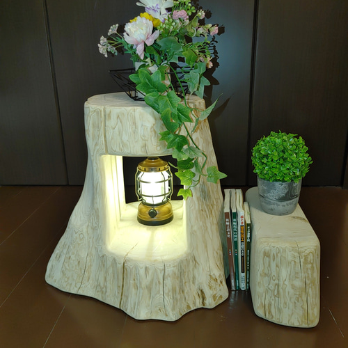 ①大型 切り株 ひのき くりぬき 親子 本立て 椅子 スツール テーブル