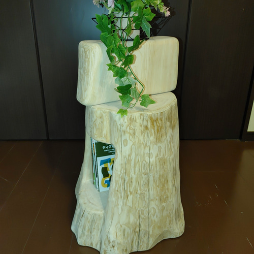 ①大型 切り株 ひのき くりぬき 親子 本立て 椅子 スツール テーブル