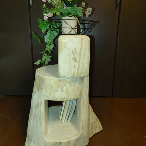 ①大型 切り株 ひのき くりぬき 親子 本立て 椅子 スツール テーブル