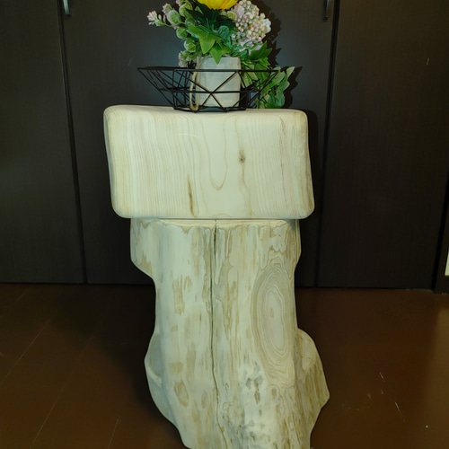 ①大型 切り株 ひのき くりぬき 親子 本立て 椅子 スツール テーブル