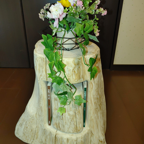 ①大型 切り株 ひのき くりぬき 親子 本立て 椅子 スツール テーブル