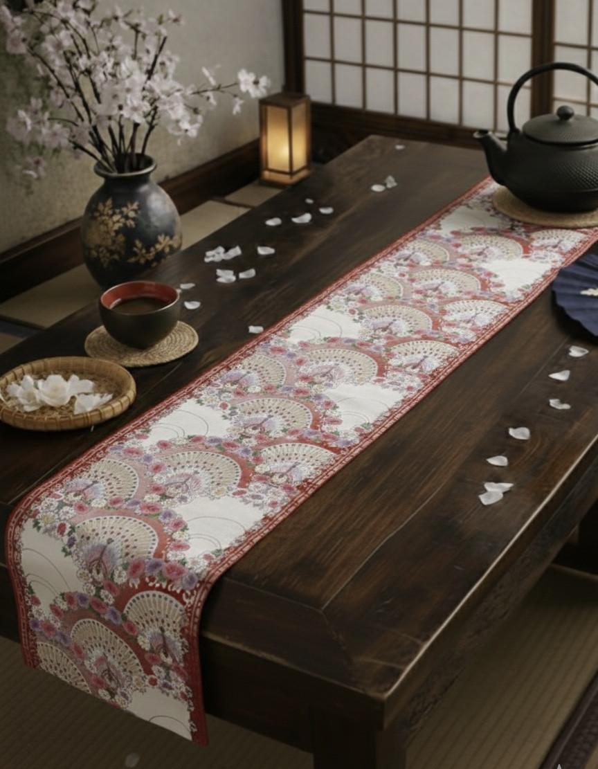 帯リメイク タペストリー ＆ テーブルランナー 138cm 銀地に優美な孔雀文様 帯締め紐付