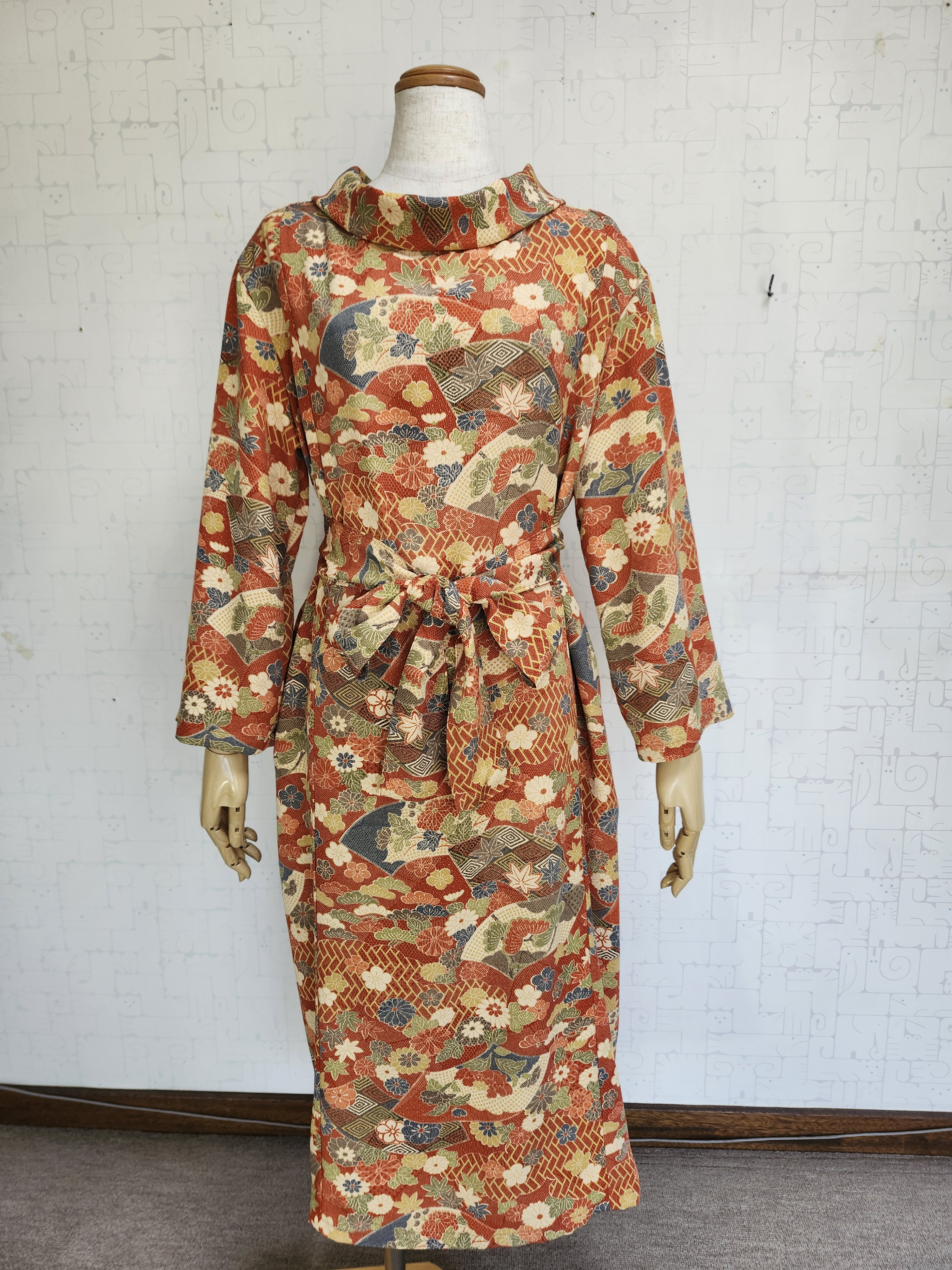 小紋リメイク　ロールカラーワンピース