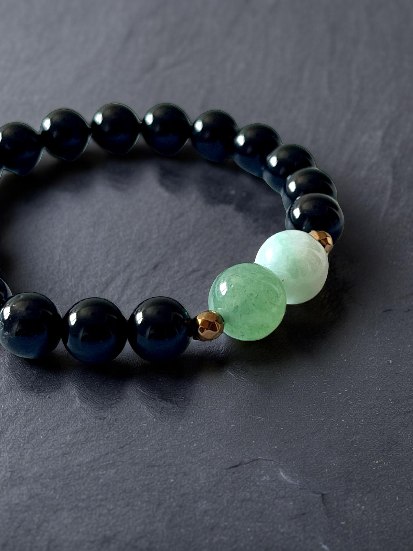 健康のお守り　天然石ブレスレット【モリオン＆ビルマ翡翠＆アベンチュリン＆ヘマタイト】