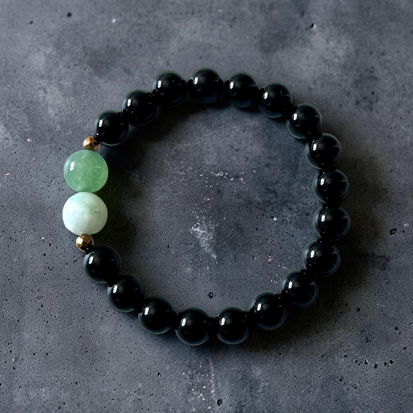 健康のお守り　天然石ブレスレット【モリオン＆ビルマ翡翠＆アベンチュリン＆ヘマタイト】