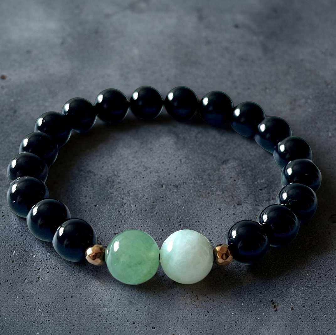 健康のお守り　天然石ブレスレット【モリオン＆ビルマ翡翠＆アベンチュリン＆ヘマタイト】