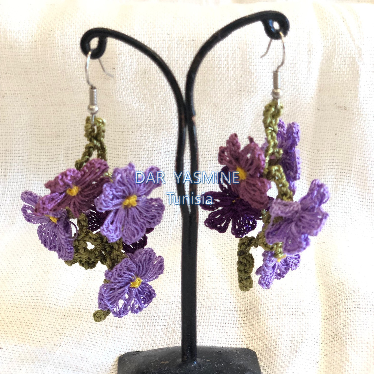 トルコ伝統工芸　oya刺繍　「ヒヤシンスパープルは天使のようなヒュアキントス」　お花5連ピアスb