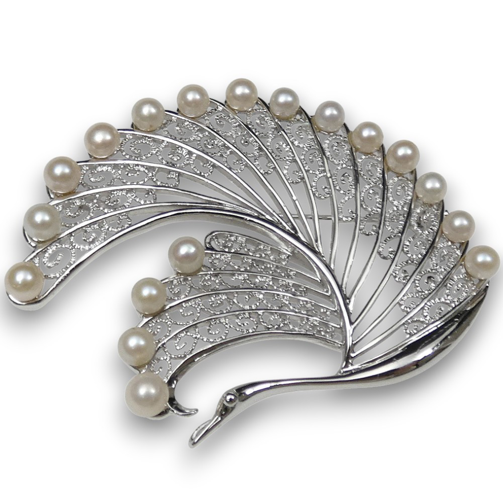 パールブローチアコヤ真珠約4.0mm シルバー925枠孔雀 鳥モチーフ オン・オフ兼用 ABE