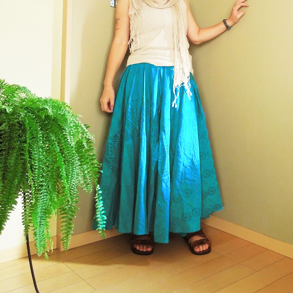 ３種のレースパッチ フレアースカート●ターコイズブルー