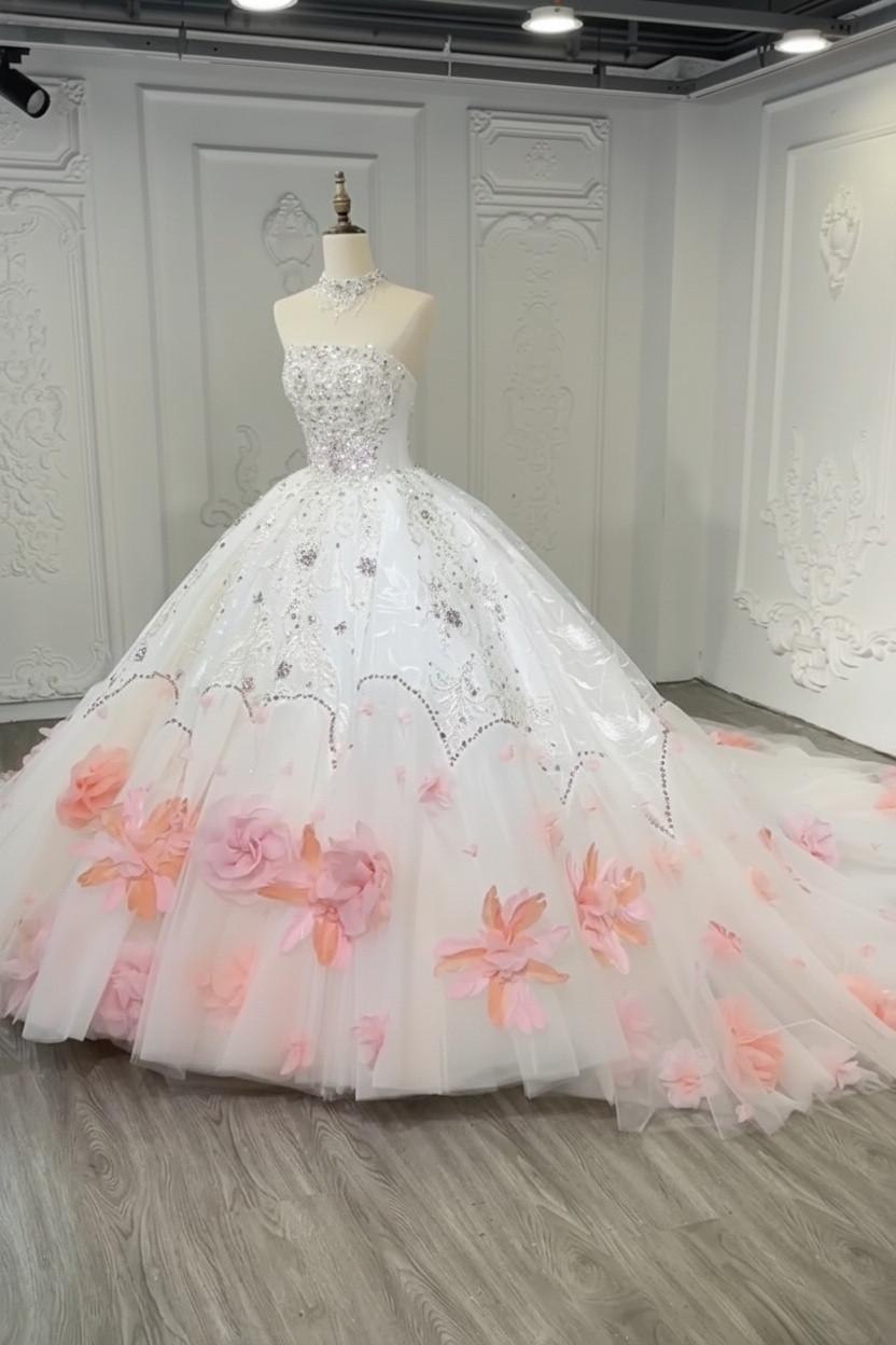 憧れのドレス　ふわふわチュール　かわいいピンクのお花飾り　フラワー　ビジュー　カラフル　袖無し　コンテスト前撮り撮影旅行