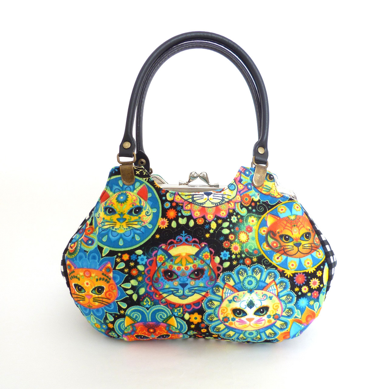 がま口 ミニバッグ メキシコの伝統柄風 猫柄 ネコ あおりがま口 ハンドバッグ