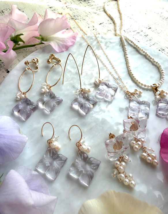 14KGF カランコエカットグリーンアメジスト 淡水パール ピアス 8枚目の画像