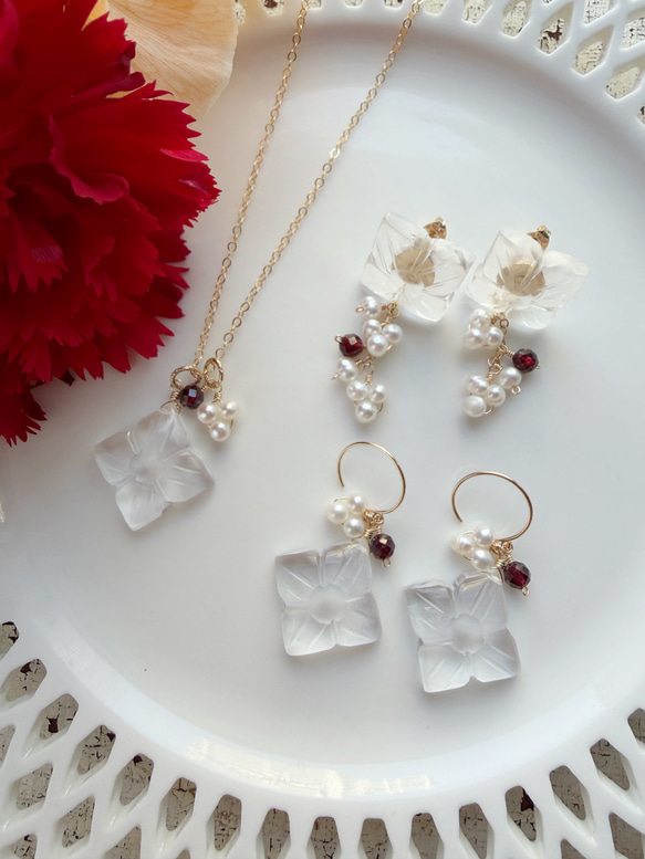 14KGF カランコエカットグリーンアメジスト 淡水パール ピアス 9枚目の画像