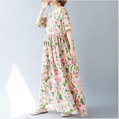 大きいサイズ レディース ロング ワンピース 春夏 秋 新品 半袖 花柄