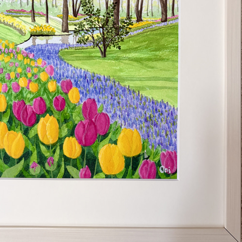 チューリップの咲く公園01」透明水彩画 原画 風景画 額縁付 F4サイズ