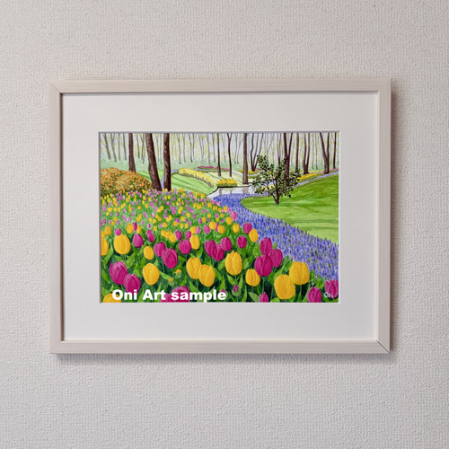 チューリップの咲く公園01」透明水彩画 原画 風景画 額縁付 F4サイズ