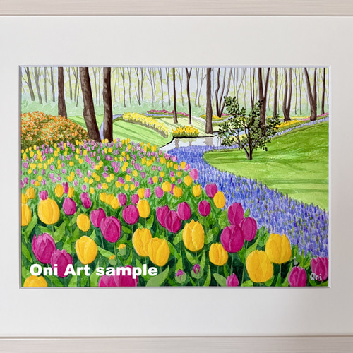 チューリップの咲く公園01」透明水彩画 原画 風景画 額縁付 F4サイズ