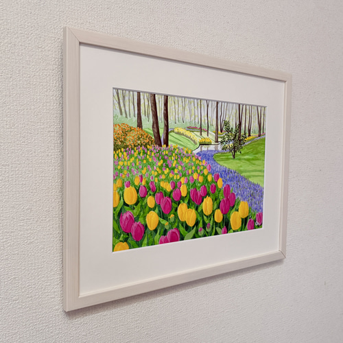 チューリップの咲く公園01」透明水彩画 原画 風景画 額縁付 F4サイズ