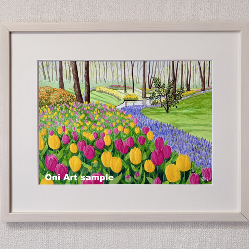 チューリップの咲く公園01」透明水彩画 原画 風景画 額縁付 F4サイズ