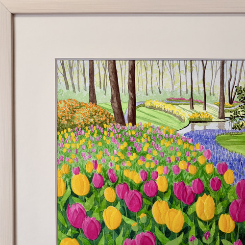 水彩画 ポピーの咲く公園 額縁付き チューリップの咲く公園01」透明水彩画 原画 風景画 額縁付 F4サイズ