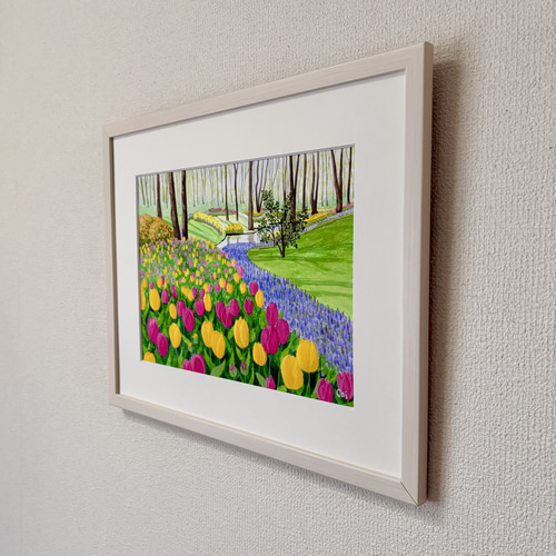 チューリップの咲く公園01」透明水彩画 原画 風景画 額縁付 F4サイズ