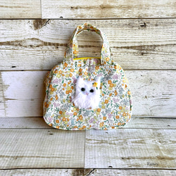 大人かわいい猫ちゃんと小花柄のミニボストンバッグ 小物入れ バッグ