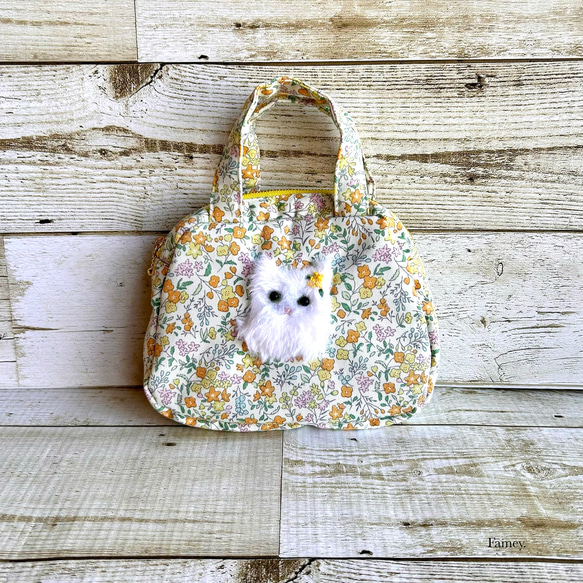 大人かわいい猫ちゃんと小花柄のミニボストンバッグ 小物入れ バッグ