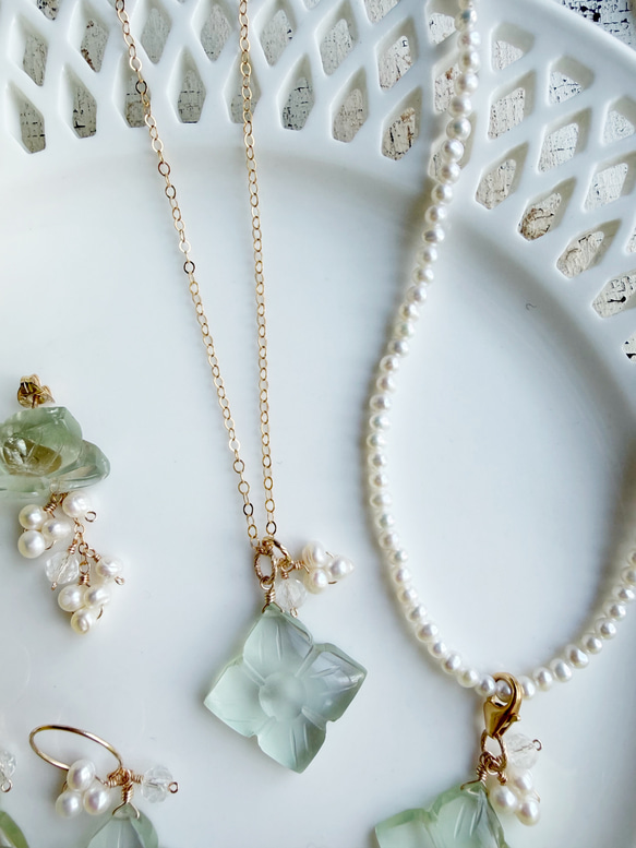 14KGF カランコエカットグリーンアメジスト 淡水パール ネックレス 7枚目の画像