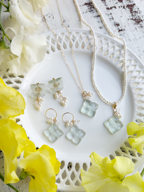 14KGF カランコエカットグリーンアメジスト 淡水パール ネックレス 8枚目の画像