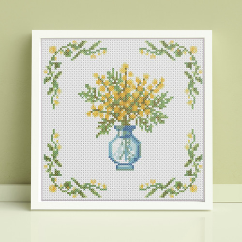 クロスステッチ完成品　ミモザ 刺繍キット販売) ミモザ フラワーズ クロスステッチ 編み図・パターン