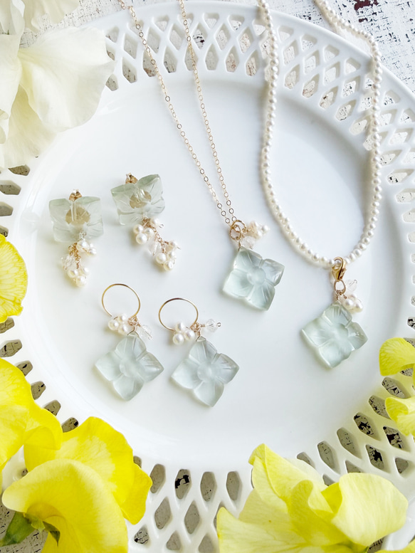 14KGF カランコエカットグリーンアメジスト 淡水パール マグネットネックレス 8枚目の画像