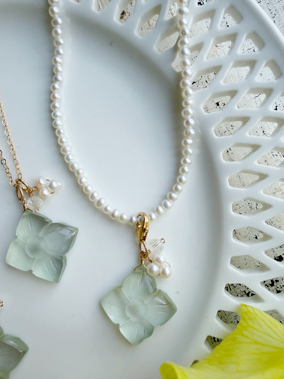 14KGF カランコエカットグリーンアメジスト 淡水パール マグネットネックレス 4枚目の画像