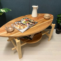 送料無料】 ローテーブル 楕円形 90cm 60cm スギ 縦柄 折りたたみ脚