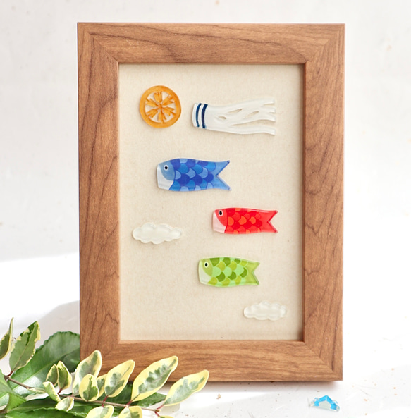 こいのぼり•3人家族』・はがきサイズの額飾り（真鯉青バージョン