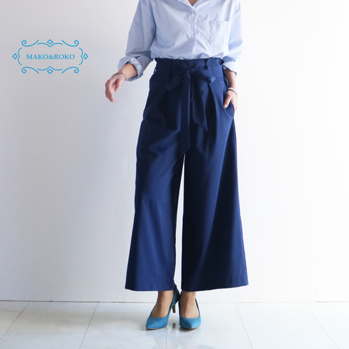 pleats pleaseネイビー　ワイドパンツ　リボン付き 体型カバーワイドパンツ【ネイビーストライプ】洗える｜フリルウエスト