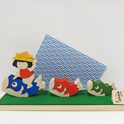 五月人形☆鯉のぼりに乗った金太郎☆端午の節句☆木製☆糸のこ木工