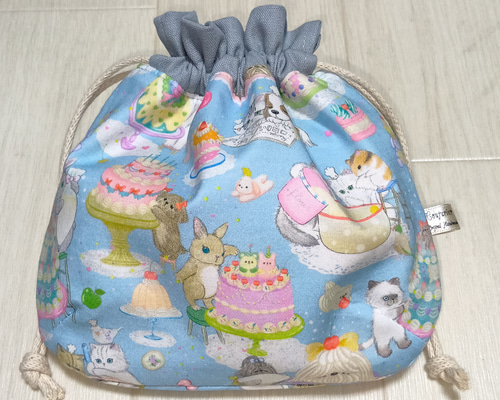 ユキエモン yukiemon クックキャッツ 猫柄 サックス 巾着ポーチ 巾着袋