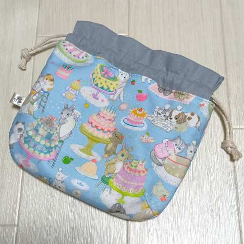 ユキエモン yukiemon クックキャッツ 猫柄 サックス 巾着ポーチ 巾着袋