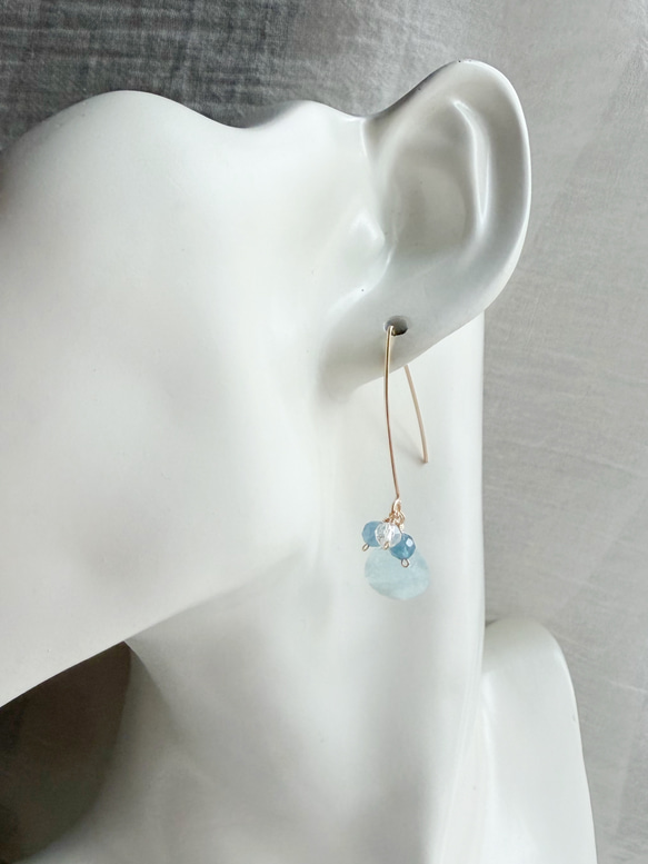 14KGF アクアマリン マロンカット マーキスピアス 4枚目の画像