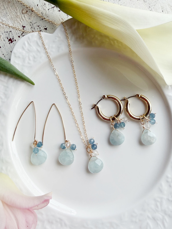 14KGF アクアマリン マロンカット マーキスピアス 6枚目の画像