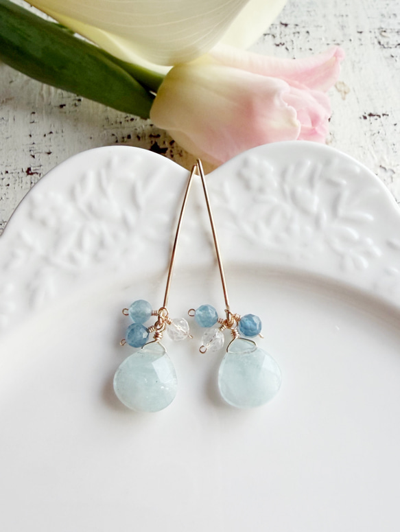 14KGF アクアマリン マロンカット マーキスピアス 2枚目の画像