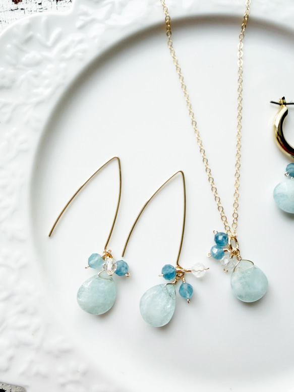 14KGF アクアマリン マロンカット マーキスピアス 7枚目の画像