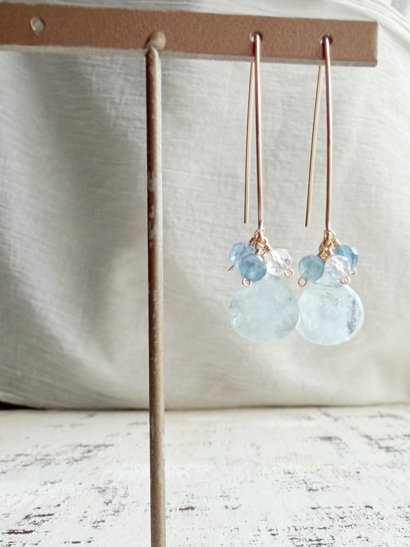 14KGF アクアマリン マロンカット マーキスピアス 3枚目の画像