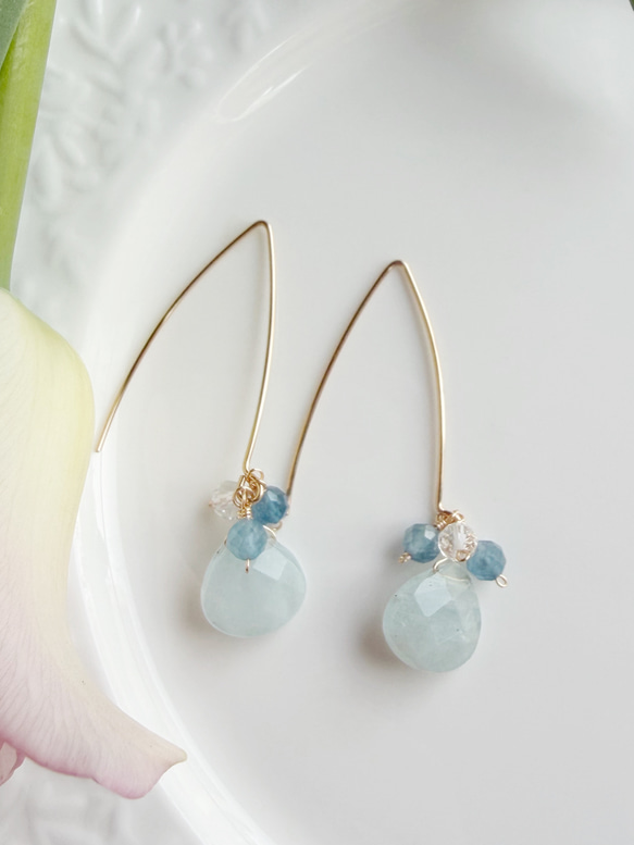 14KGF アクアマリン マロンカット マーキスピアス 1枚目の画像